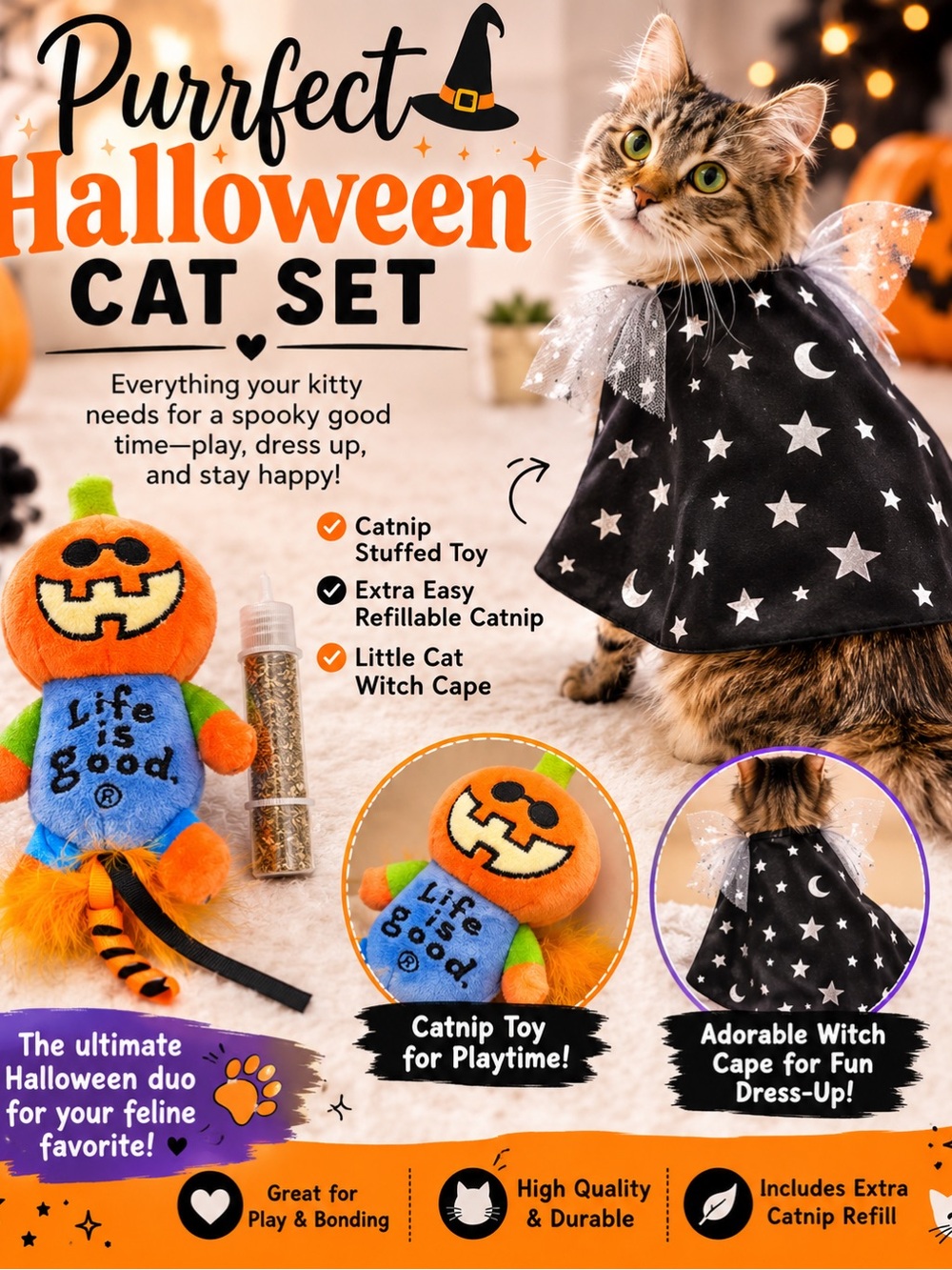 Life Is Good Halloween Pumpkin Cat Toy - Orange, Blue & Green Plush